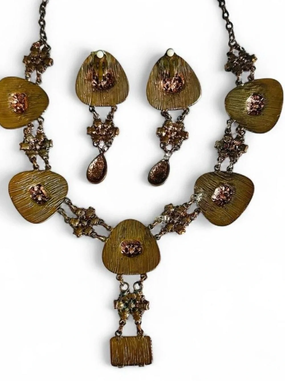 VTG 90’s Neo-Victorian Necklace Set-AB Red Rhinestone Swirl Enamel Bronze Tone